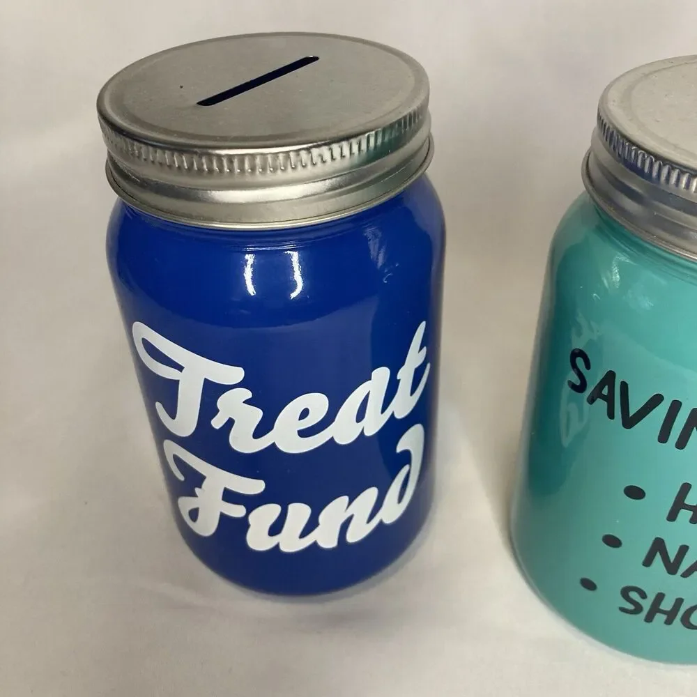 New Piggy Bank Coin Savings Glass Jar Slotted Lid Money Funds Novelty Set Of 3